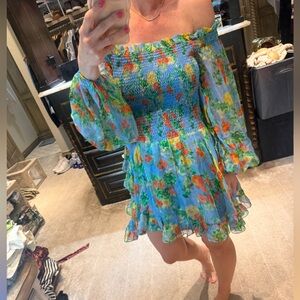 NWOT Caroline Constas Ophelia Mini Dress in Blue Summer Floral - Size S